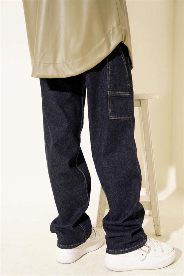 Mom Jeans with Side Belt Buckle Navy Blue