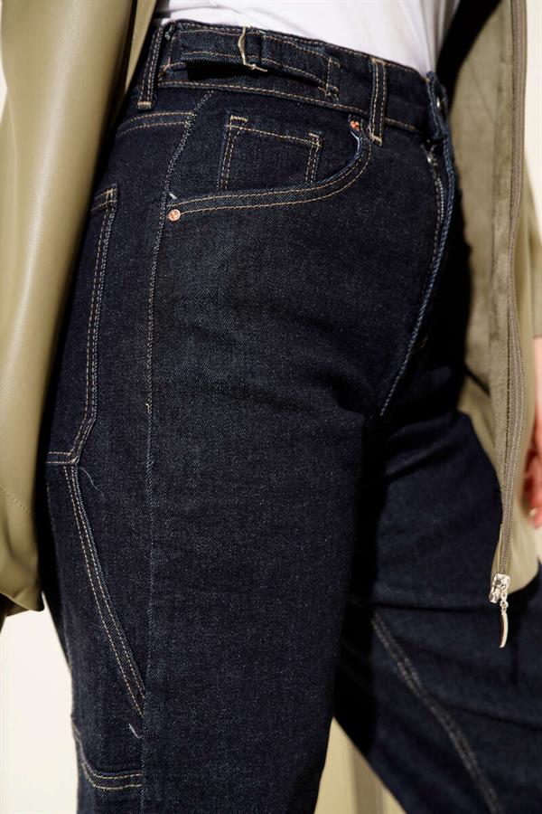 Mom Jeans with Side Belt Buckle Navy Blue