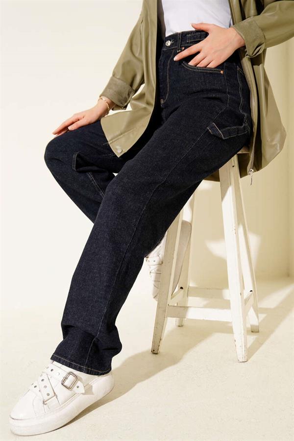 Mom Jeans with Side Belt Buckle Navy Blue