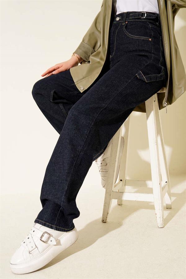 Mom Jeans with Side Belt Buckle Navy Blue