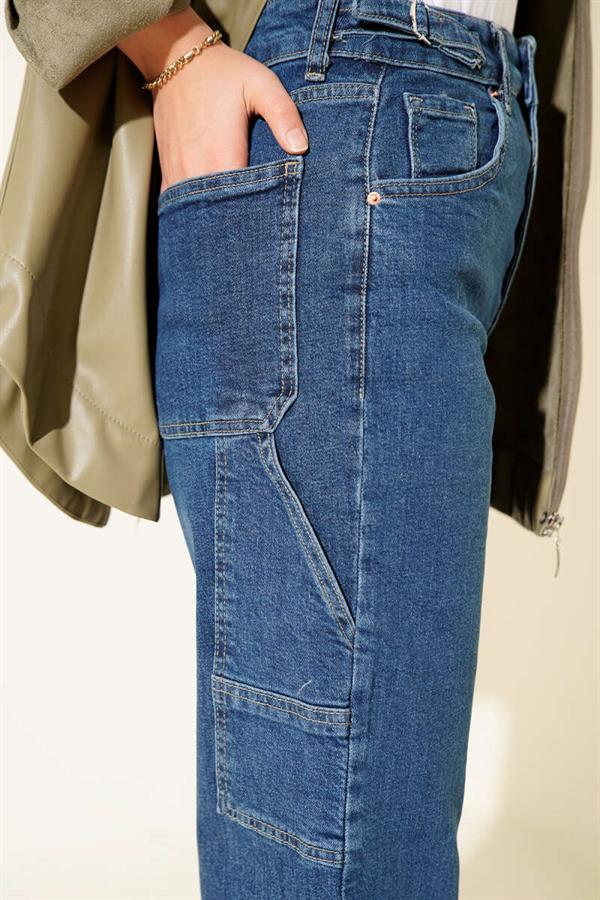 Mom Jeans with Side Belt Buckle Blue