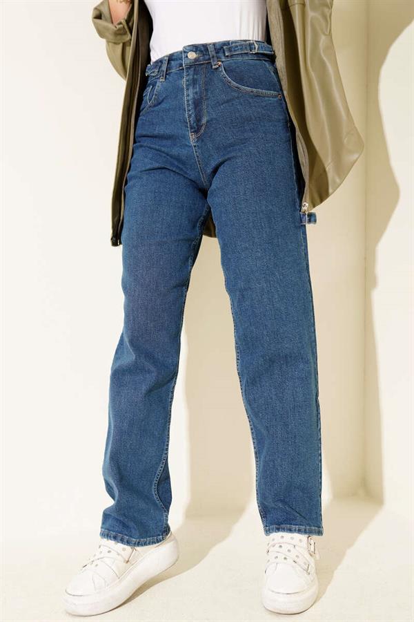 Mom Jeans with Side Belt Buckle Blue