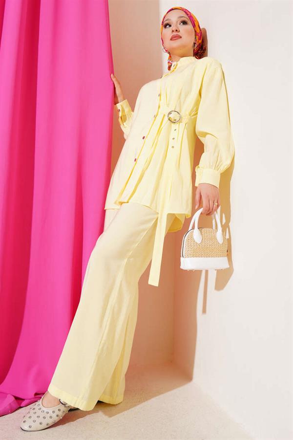 Side Belt Buttoned 2 Piece Set Yellow