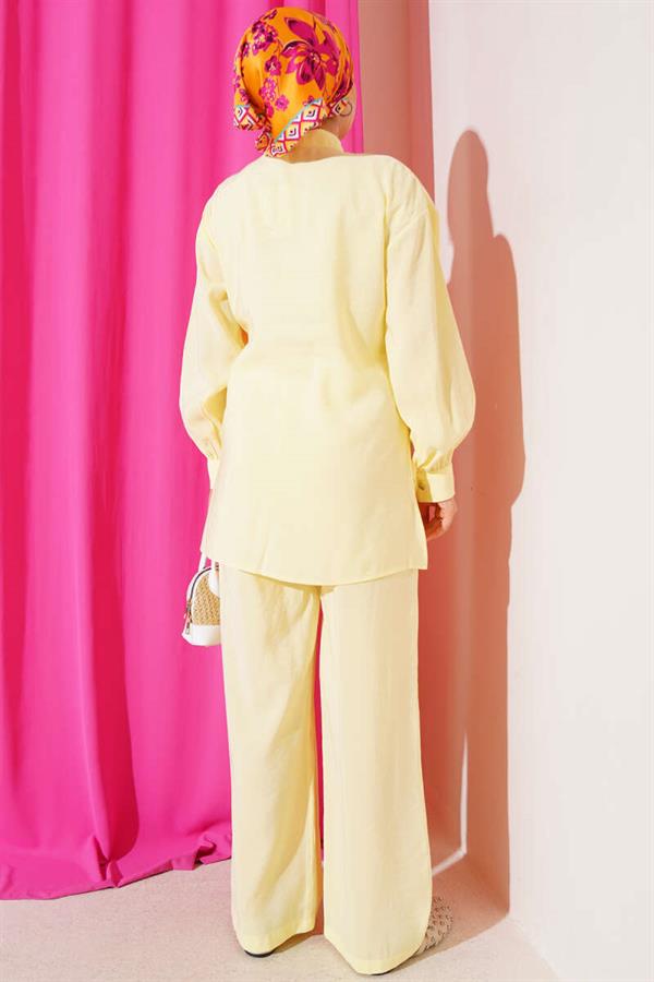 Side Belt Buttoned 2 Piece Set Yellow