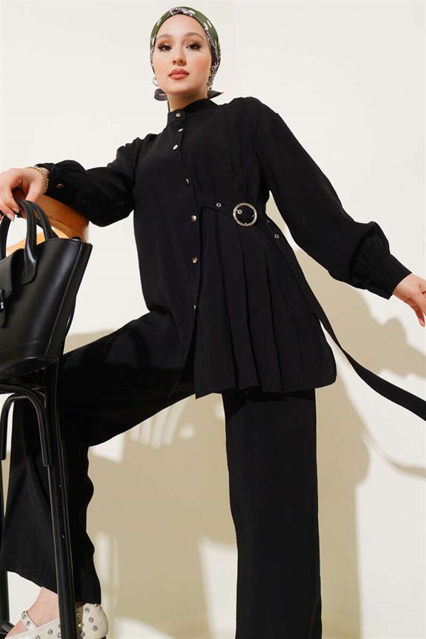 Side Belt Buttoned 2 Piece Set Black