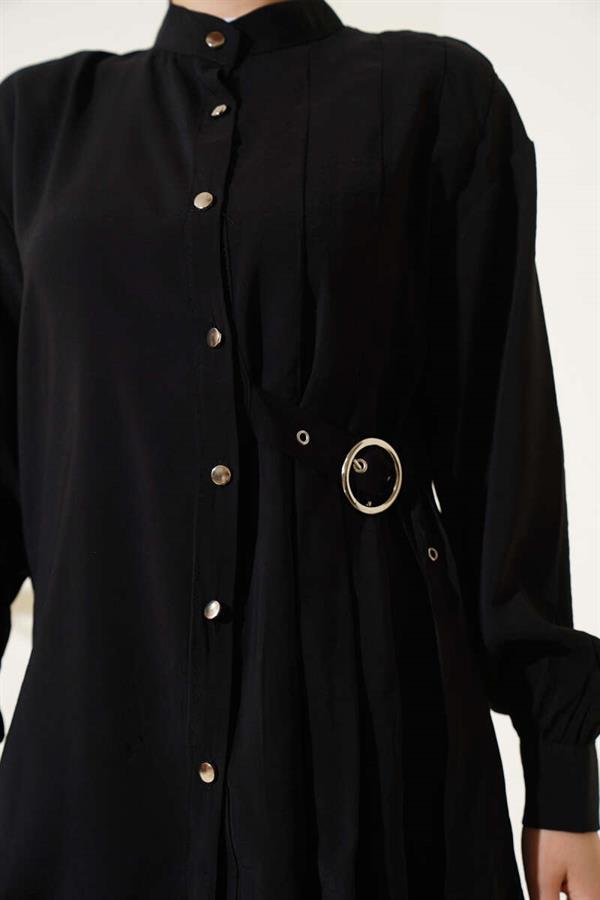 Side Belt Buttoned 2 Piece Set Black