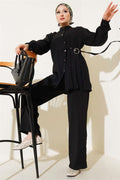 Side Belt Buttoned 2 Piece Set Black