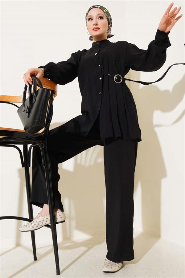 Side Belt Buttoned 2 Piece Set Black