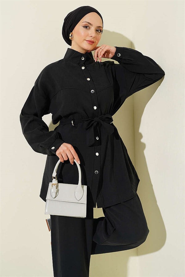 Side Belt Detail Tencel 2 Piece Set, Black