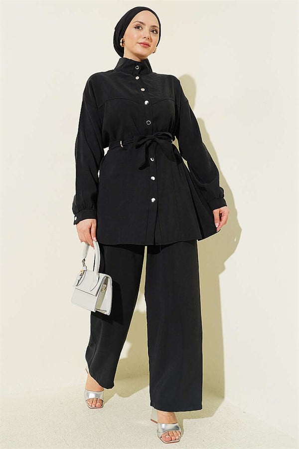Side Belt Detail Tencel 2 Piece Set, Black