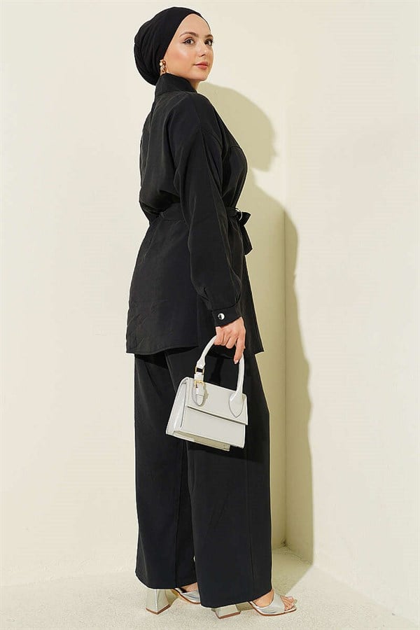 Side Belt Detail Tencel 2 Piece Set, Black