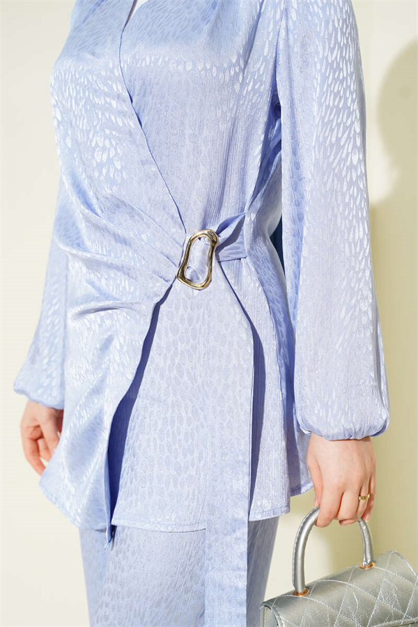 Side Belted Buckle Jacquard 2 Piece Set, Blue