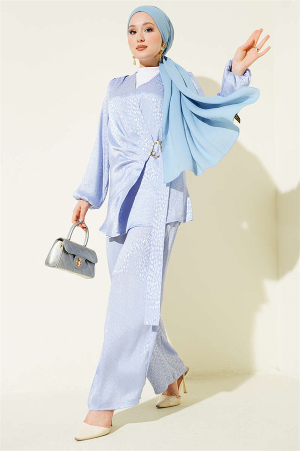 Side Belted Buckle Jacquard 2 Piece Set, Blue