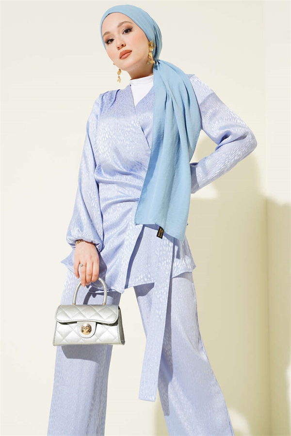 Side Belted Buckle Jacquard 2 Piece Set, Blue