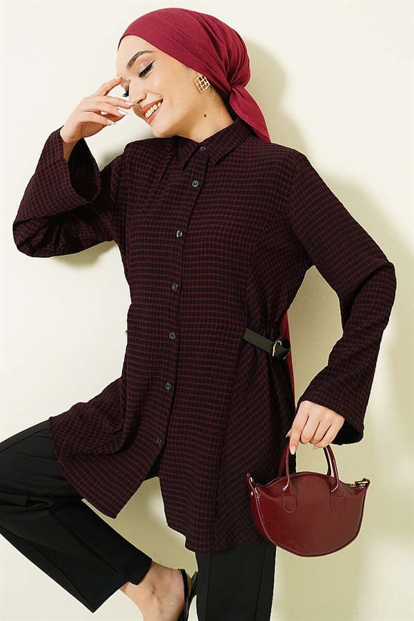 Plaid Shirt with Elasticated Sides and Belt, Burgundy