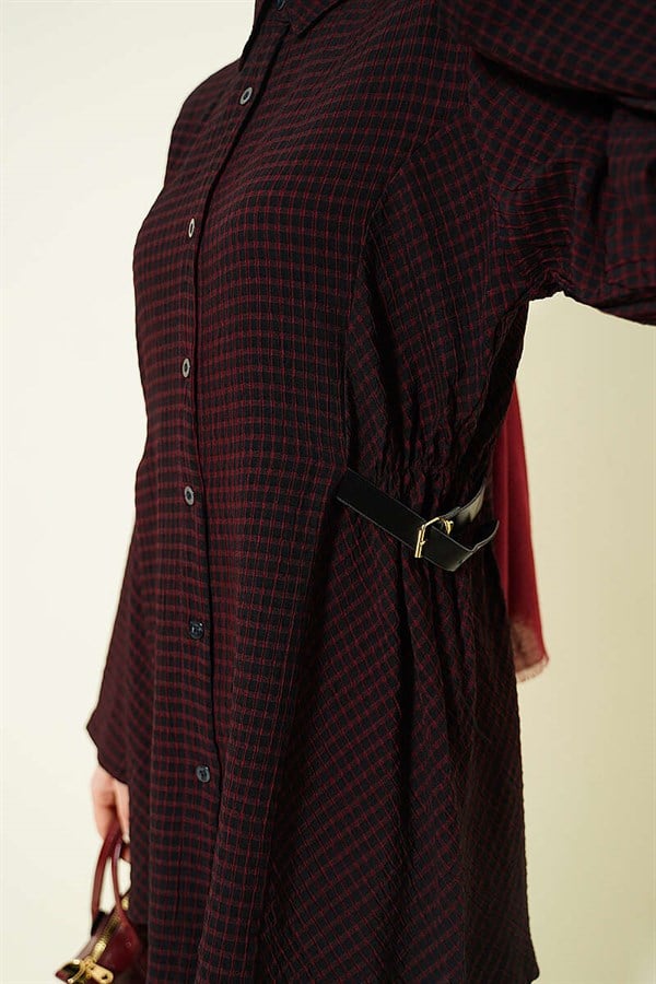 Plaid Shirt with Elasticated Sides and Belt, Burgundy