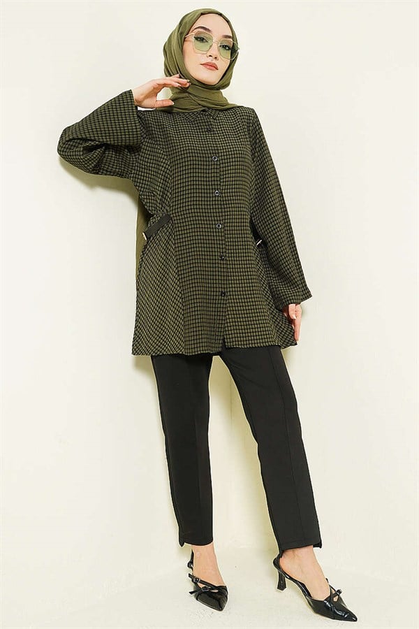 Plaid Shirt with Elasticated Side Waistband, Khaki