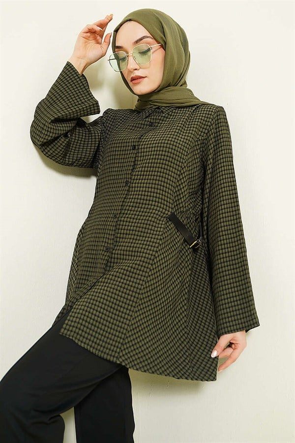 Plaid Shirt with Elasticated Side Waistband, Khaki