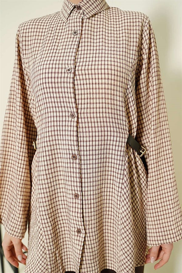 Plaid Shirt with Side Elastic Waistband, Brown