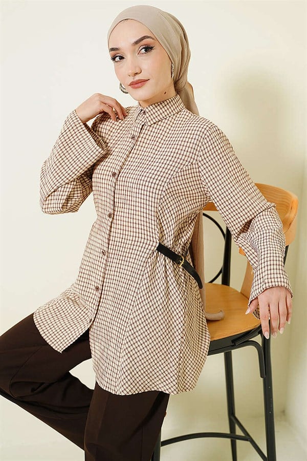 Plaid Shirt with Side Elastic Waistband, Brown
