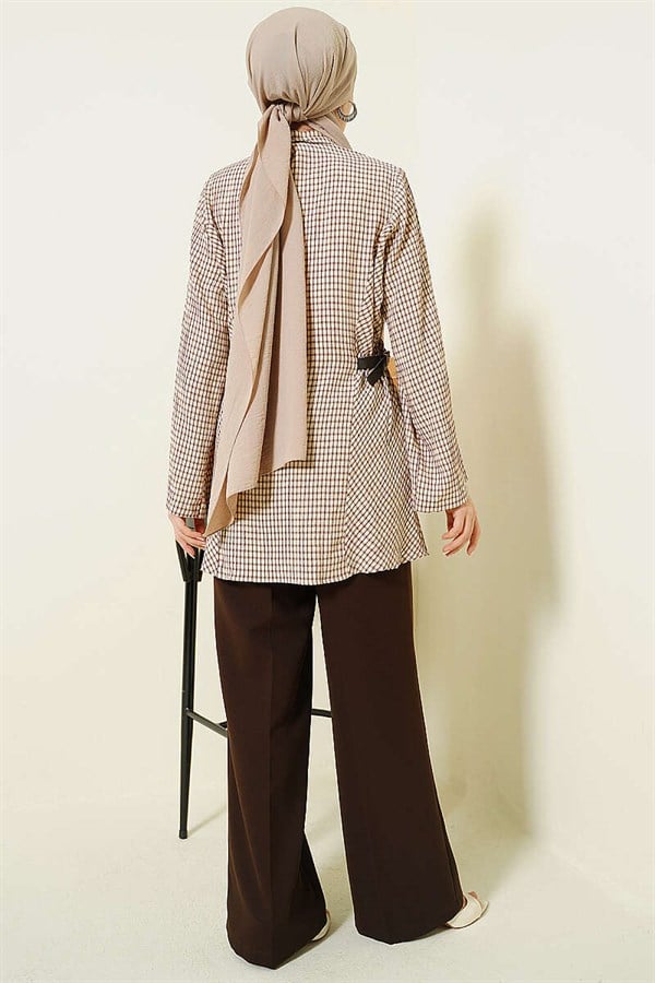 Plaid Shirt with Side Elastic Waistband, Brown