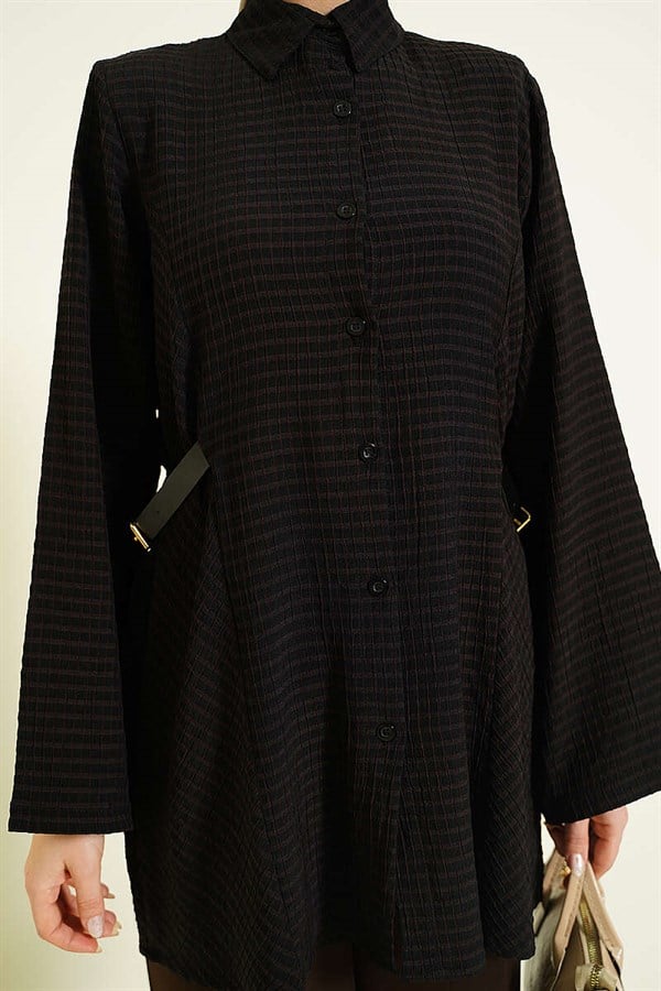 Black Plaid Shirt with Elasticated Side Waistband