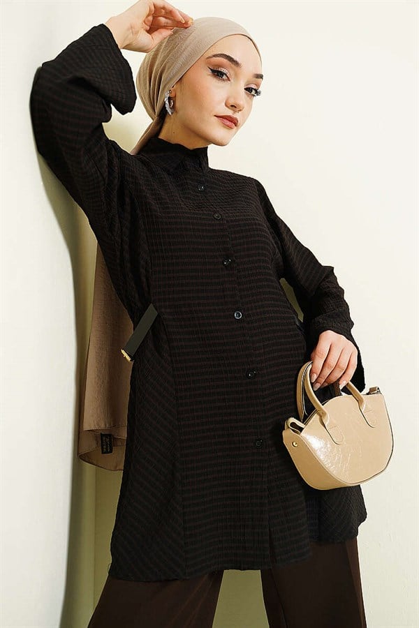 Black Plaid Shirt with Elasticated Side Waistband