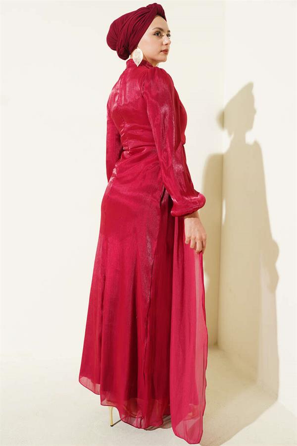 Burgundy Gathered Evening Dress with Side Stone Detail