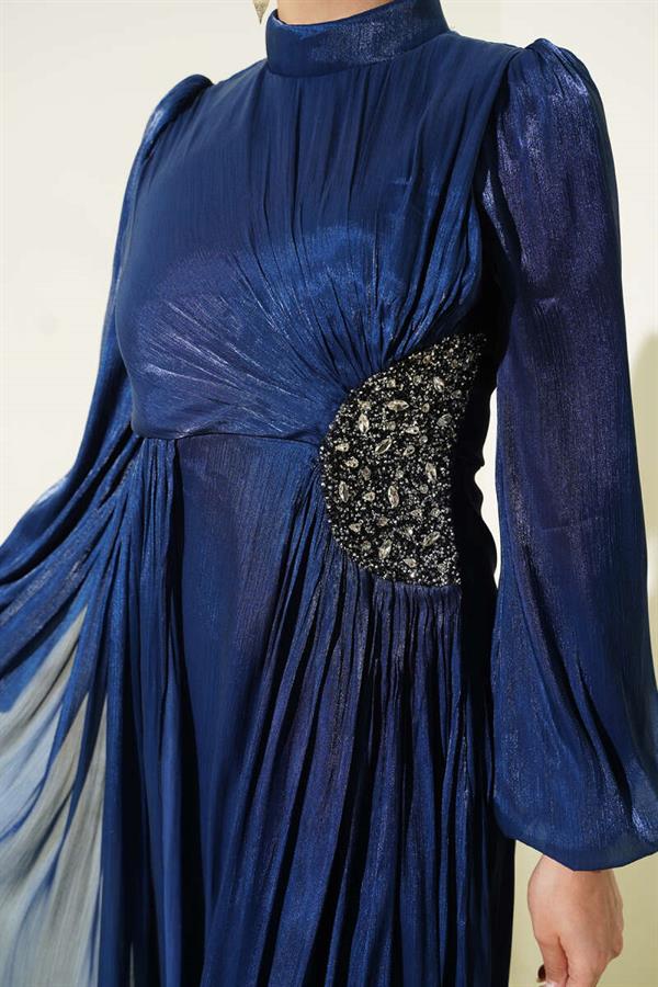 Navy Blue Gathered Evening Dress with Side Stone Detail