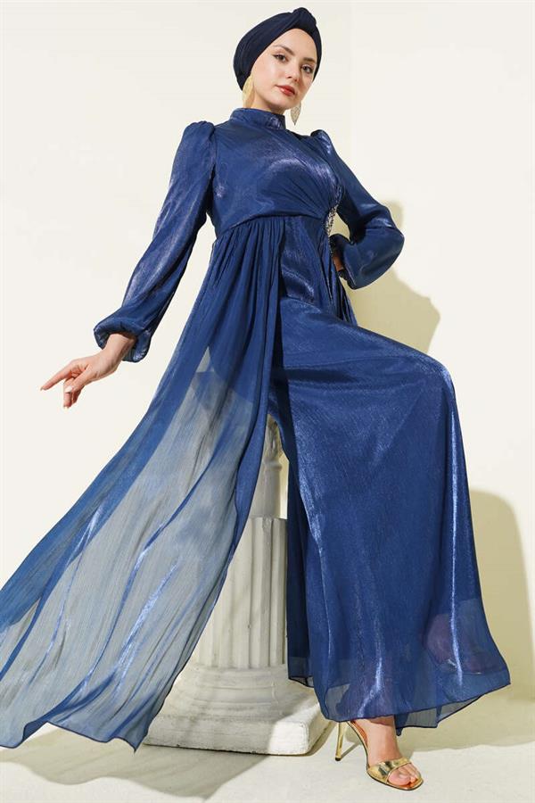 Navy Blue Gathered Evening Dress with Side Stone Detail
