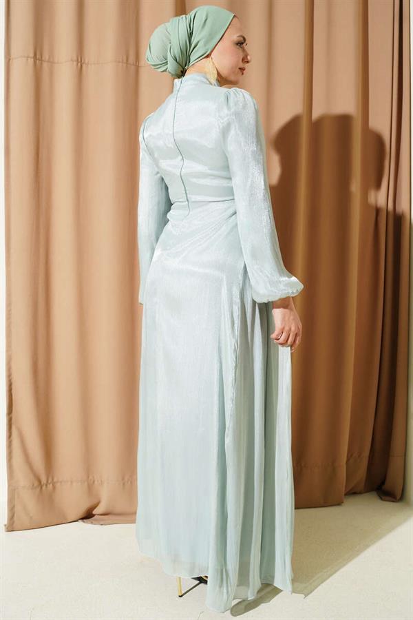 Side Stone Detail Ruched Evening Dress Mint