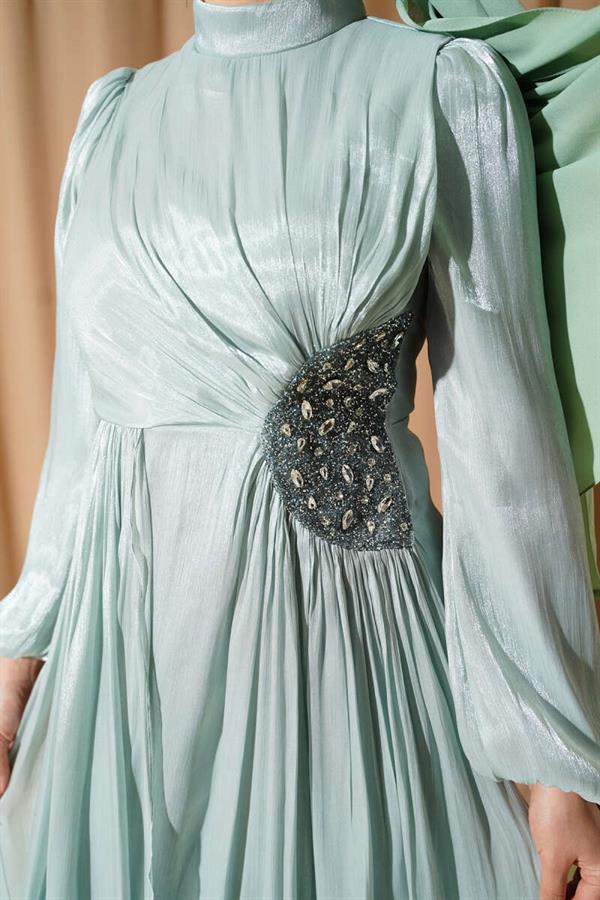 Side Stone Detail Ruched Evening Dress Mint
