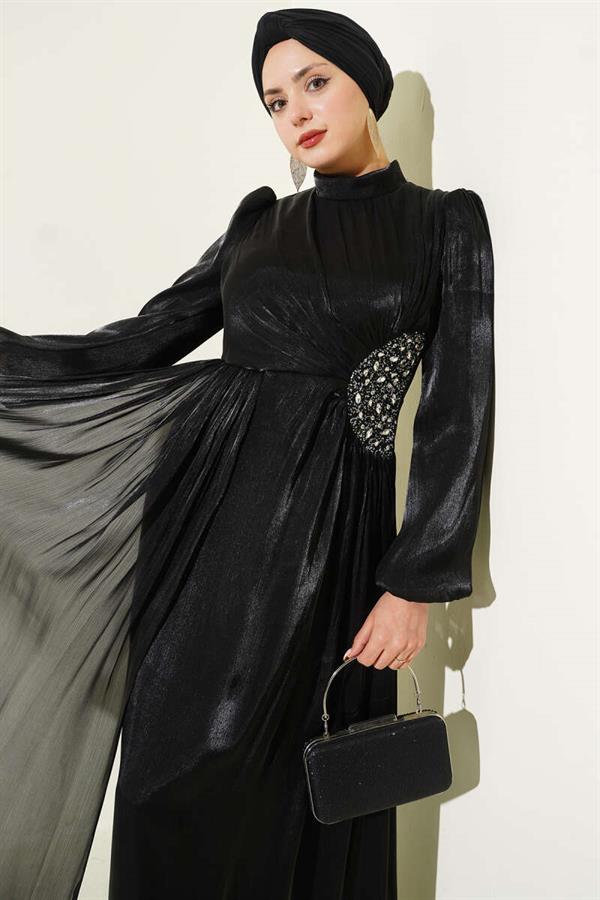 Black Gathered Evening Dress with Side Stone Detail