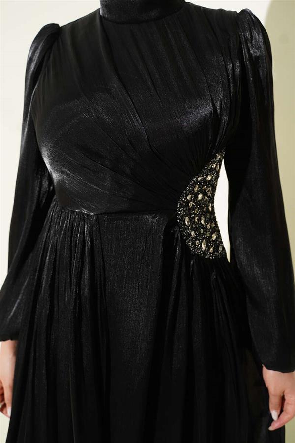 Black Gathered Evening Dress with Side Stone Detail