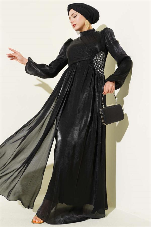 Black Gathered Evening Dress with Side Stone Detail