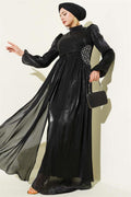 Black Gathered Evening Dress with Side Stone Detail