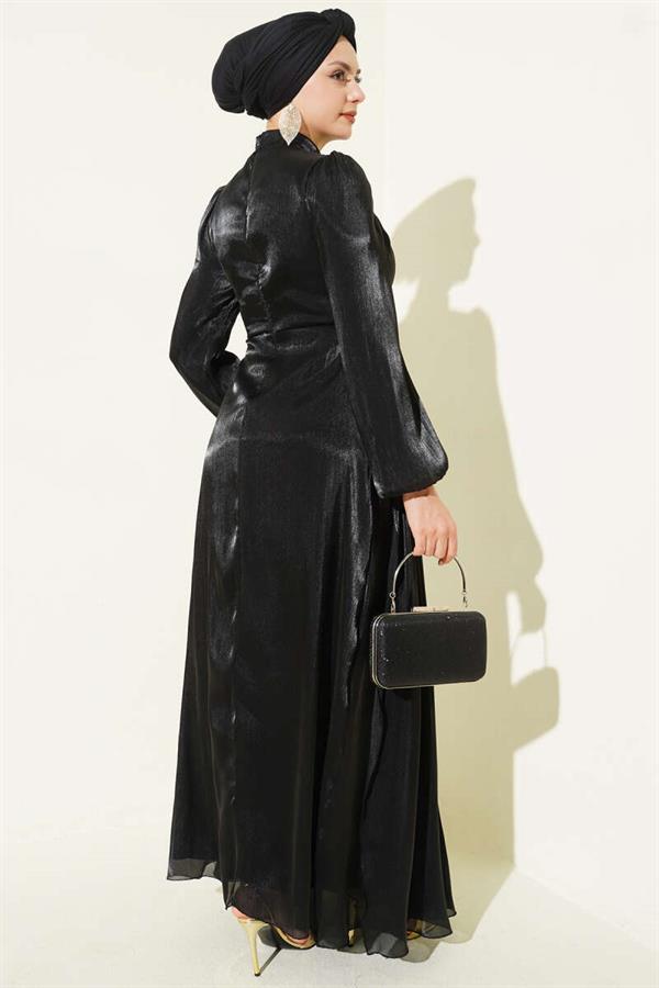 Black Gathered Evening Dress with Side Stone Detail