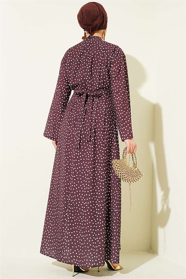 Side Buckle Polka Dot Darted Dress, Brown