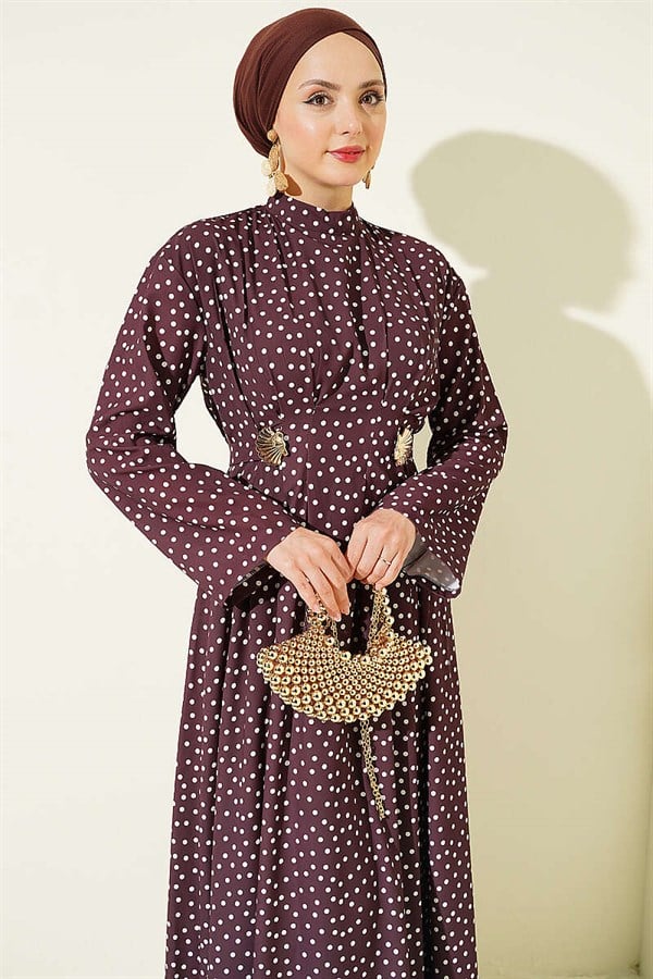 Side Buckle Polka Dot Darted Dress, Brown