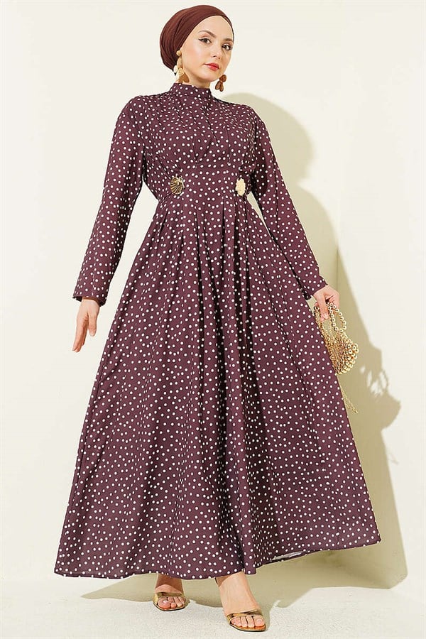 Side Buckle Polka Dot Darted Dress, Brown