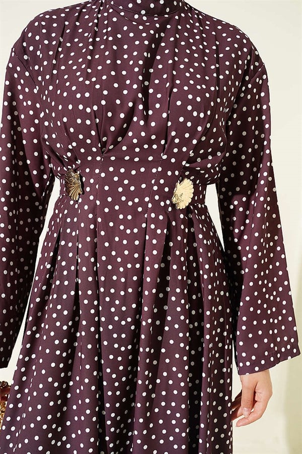 Side Buckle Polka Dot Darted Dress, Brown