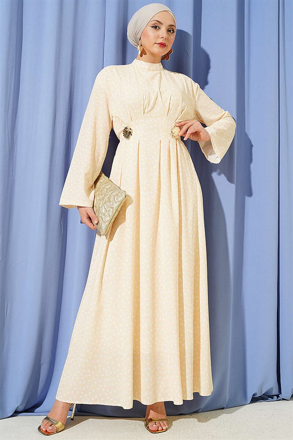 Yellow Polka Dot Dress with Side Buckle and Darts
