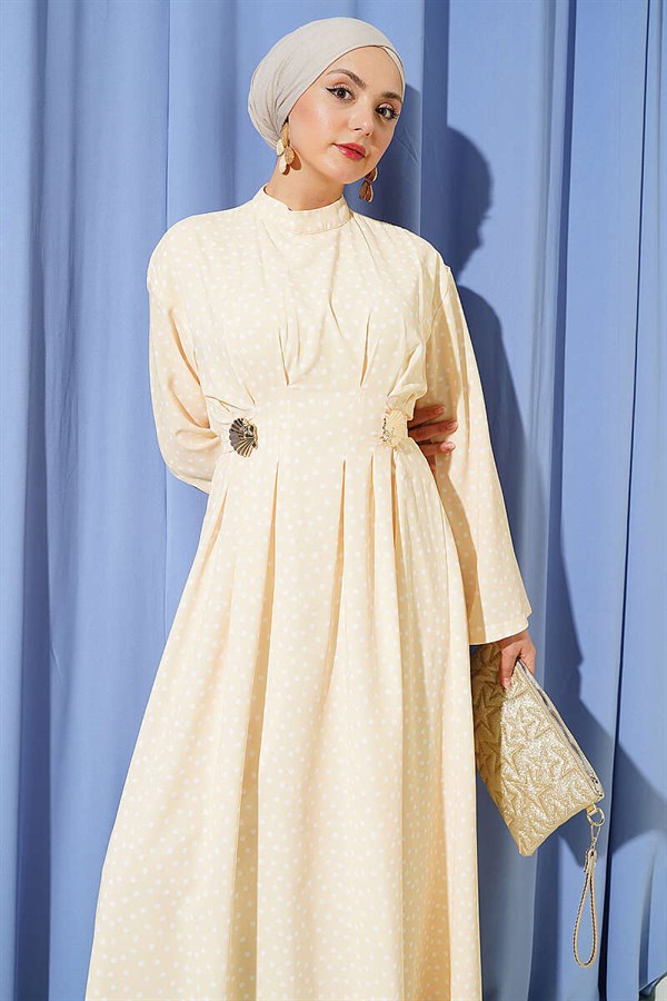 Yellow Polka Dot Dress with Side Buckle and Darts