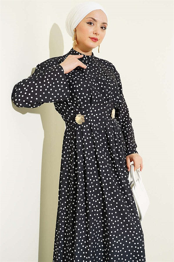 Side Buckle Polka Dot Dart Dress Black