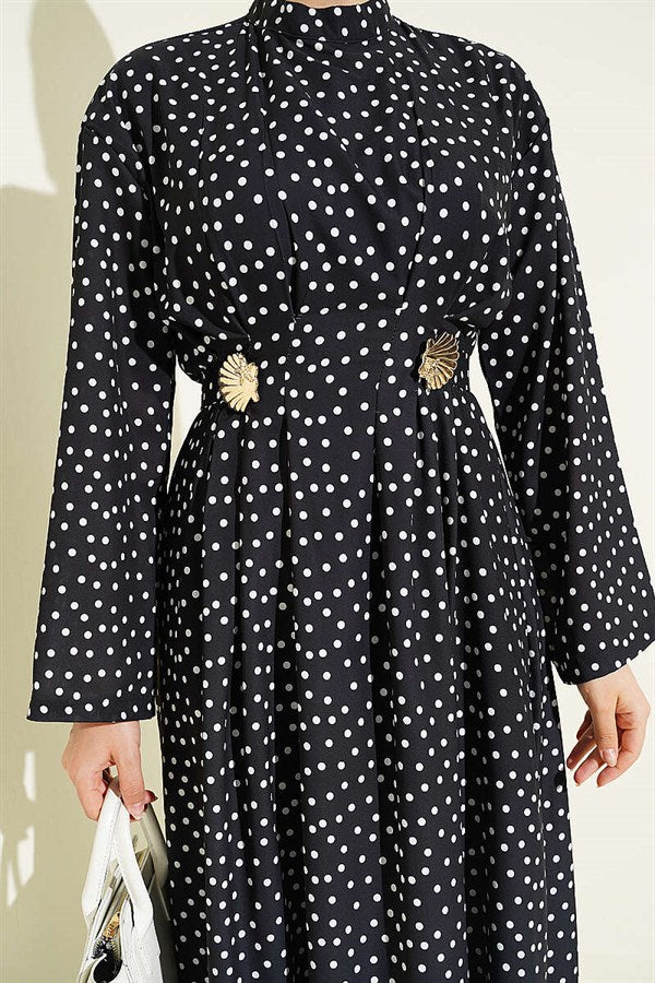 Side Buckle Polka Dot Dart Dress Black