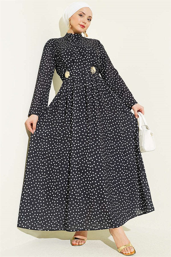 Side Buckle Polka Dot Dart Dress Black