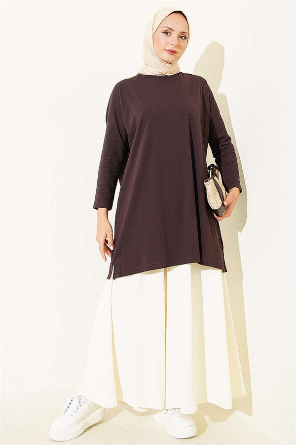 Basic Tunic with Side Slit, Dark Brown
