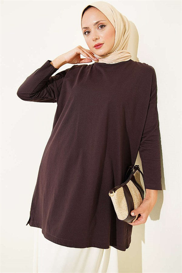 Basic Tunic with Side Slit, Dark Brown