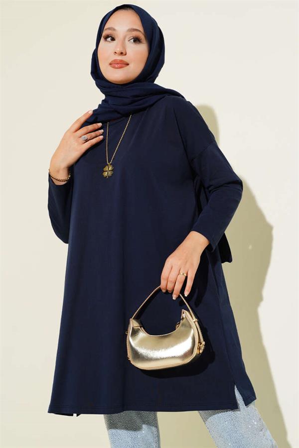 Basic Tunic with Side Slits, Navy Blue