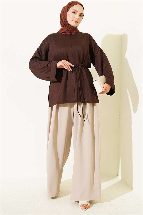 Side Slit Double Sleeve Tunic Dark Brown
